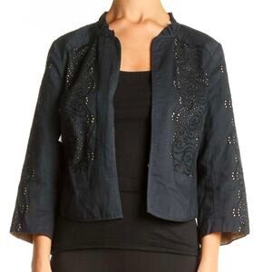 Loft Navy Blue and Tan Laser Cut Out Pleated Cropped Cotton Jacket 4 Petite